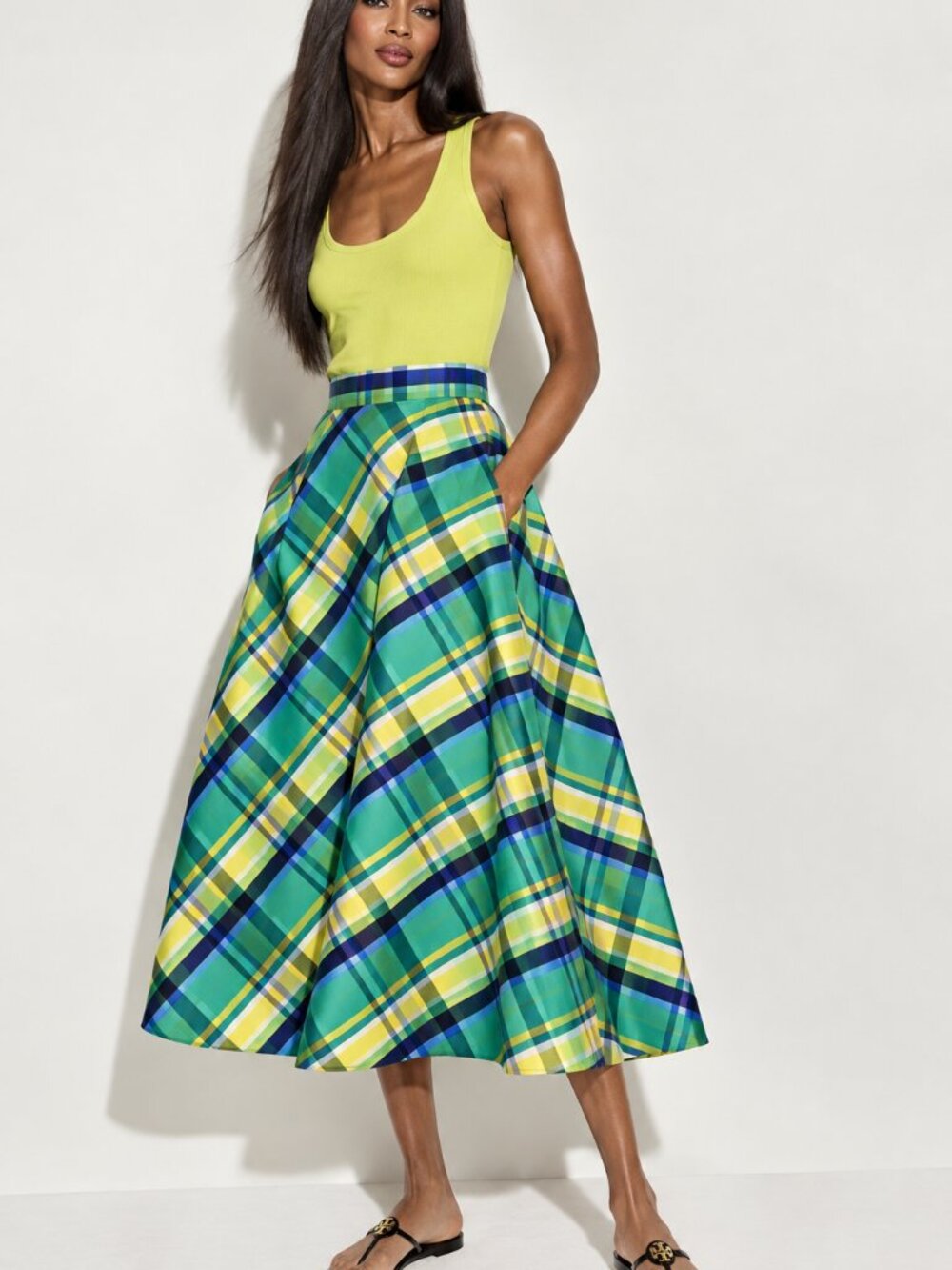 NWT ZARA Plaid Cotton Full Midi Skirt Green Yellow Blue Size S